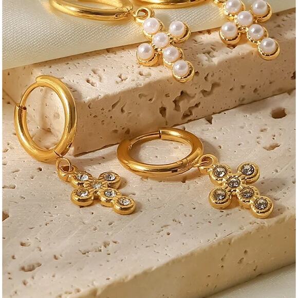 Zircon Cross Dangle Hoop Earrings 18K Gold Plated Stainless‎ Steel - Picture 5 of 8